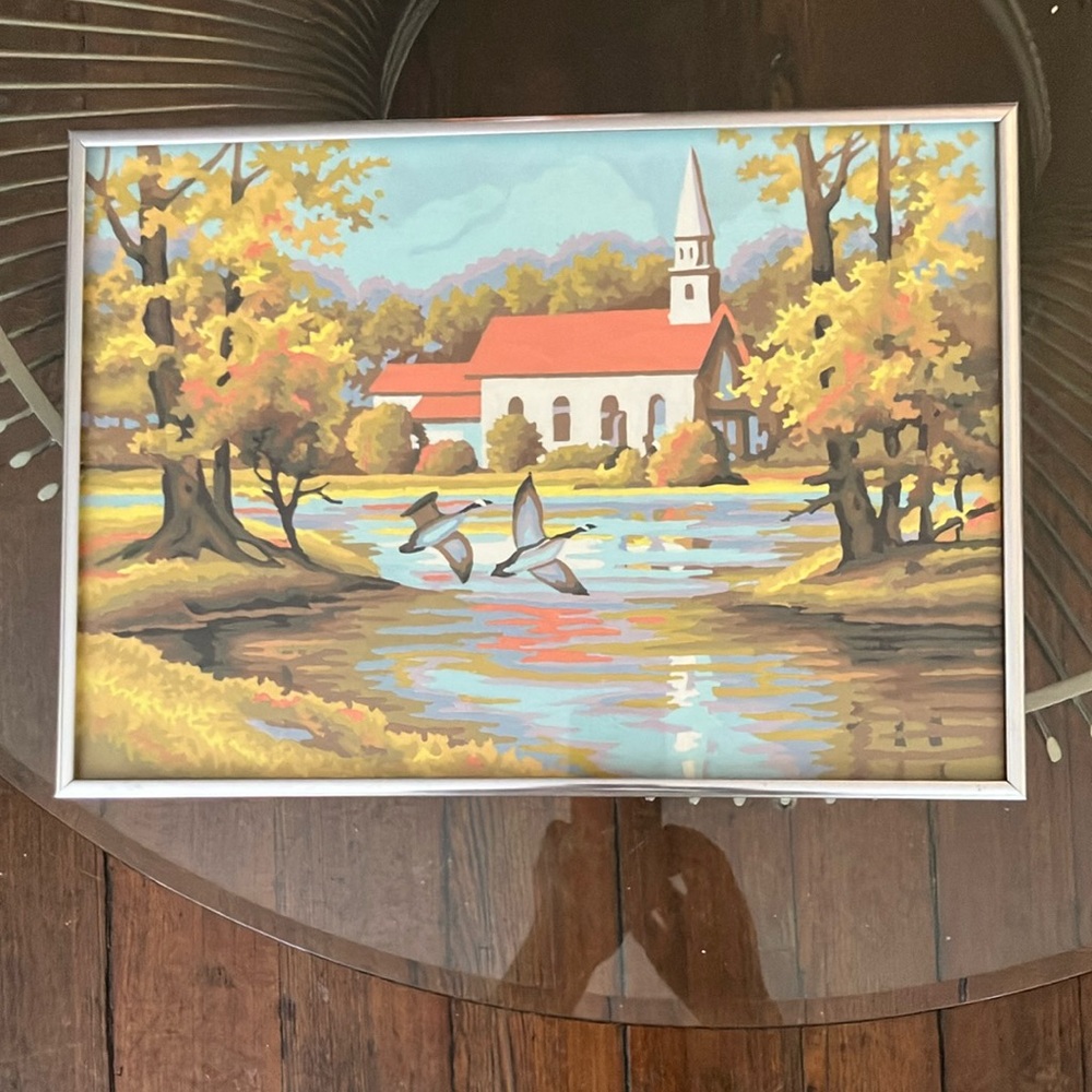 Framed vintage 70s Paint by Numbers Autumn Landscape Painting - Picture 7 of 12